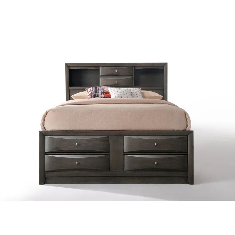 Gray Oak Upholstered King Captain's Bed with Bookcase Storage