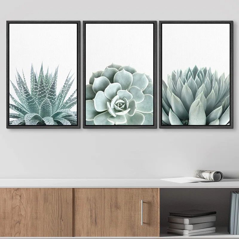 Modern Black Framed Geometric Succulent Canvas Art Set