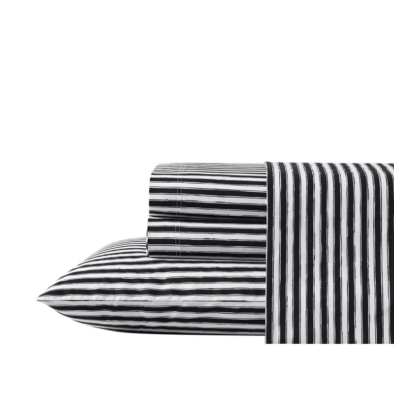 Queen Black and White Cotton Percale Striped Sheet Set
