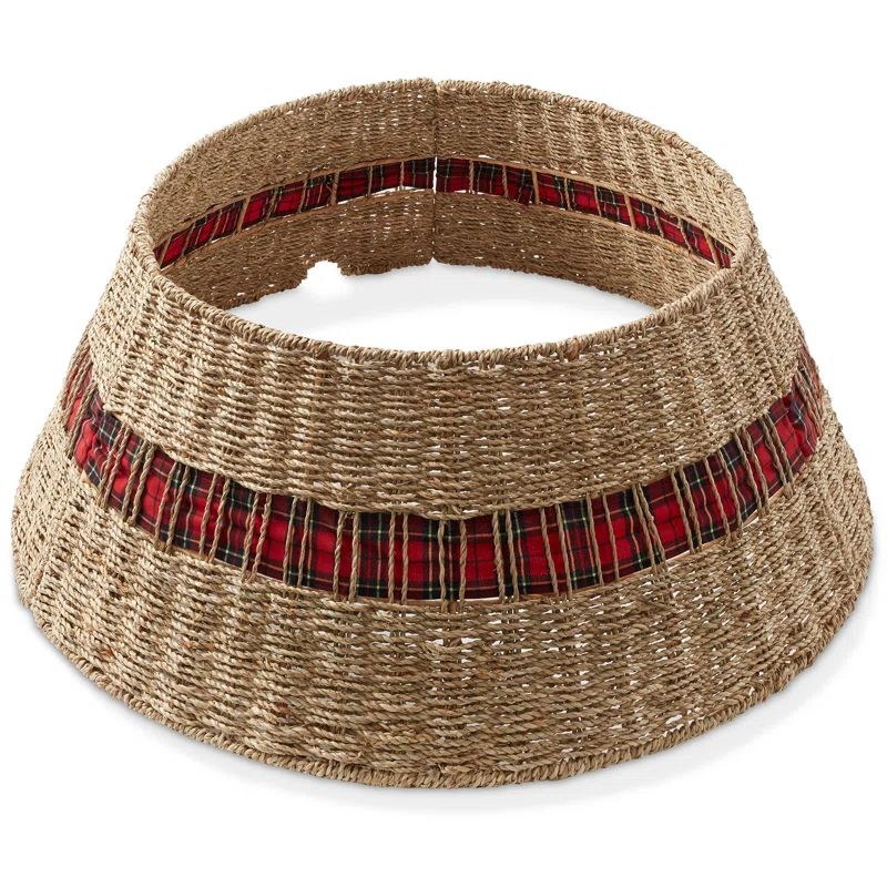 Natural Seagrass Woven Christmas Tree Collar with Tartan Plaid Ribbon, 32 Inches