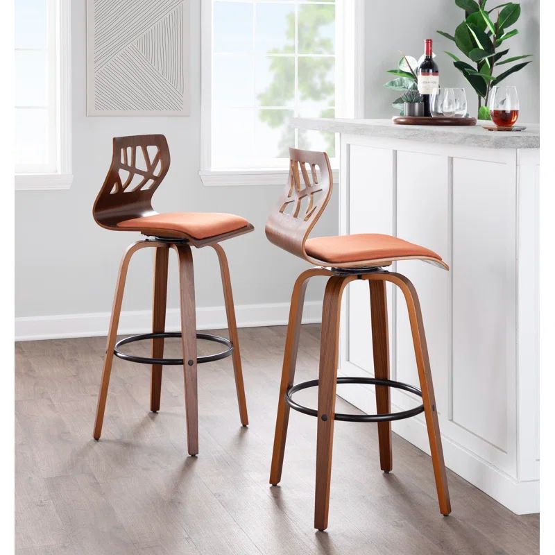Folia Mid-Century Swivel Counter Stool Set in Orange, Walnut, and Black