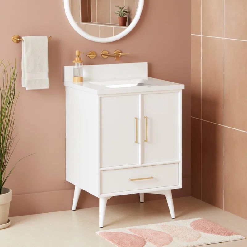 White Mahogany Single Bathroom Vanity with Brass Hardware