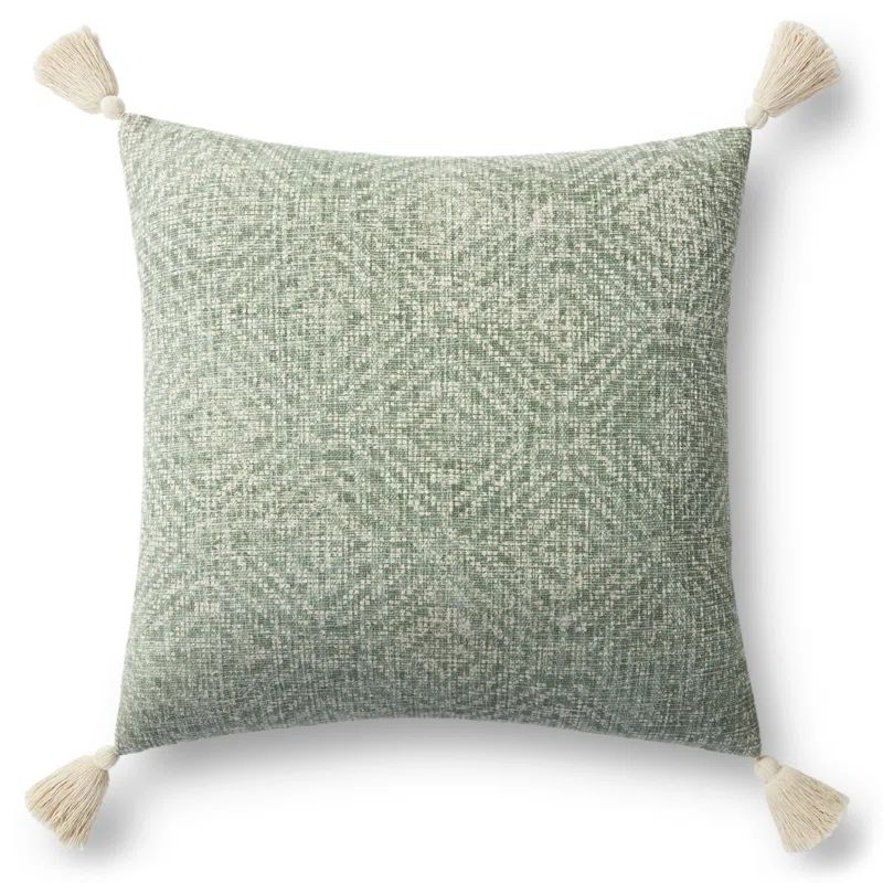 Green Cotton Tribal Diamond Pillow Cover with Tassels 22" x 22"