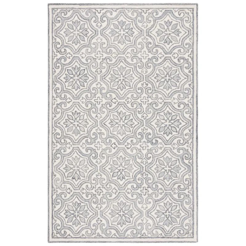 Hand-Tufted Gray and Ivory Wool and Cotton Damask Rug, 5' x 8'