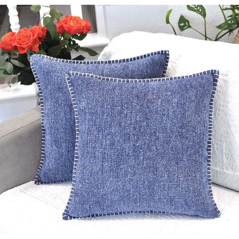 Navy Blue Chenille Square Throw Pillow Covers with Piped Edges (Set of 2)