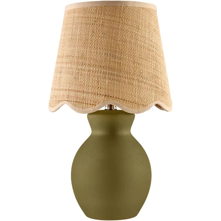 Green Ceramic Table Lamp with Natural Cotton Scallop Shade