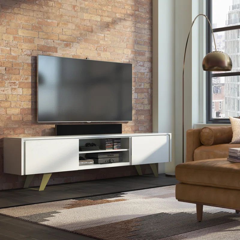 White Acacia Wood Industrial TV Media Stand with Cabinet