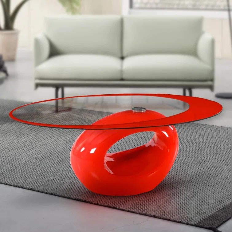 Red Oval Glass Top Outdoor Coffee Table with MDF Base
