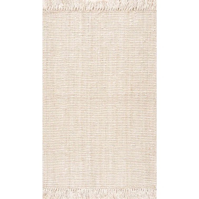 Ivory Handwoven Jute Rectangular Area Rug with Fringe, 7'6" x 9'6"