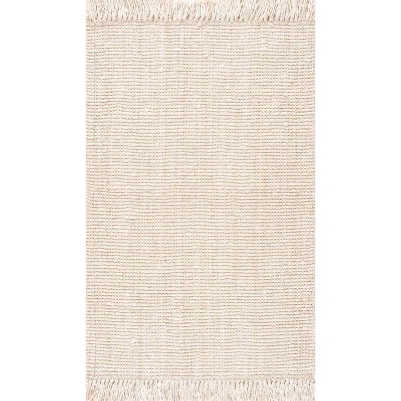 Ivory Handmade Jute Rectangular Area Rug with Fringe, 7'6" x 10'6"