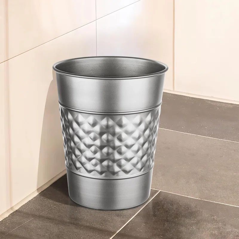 Silver Geometric Embossed Metal Waste Basket