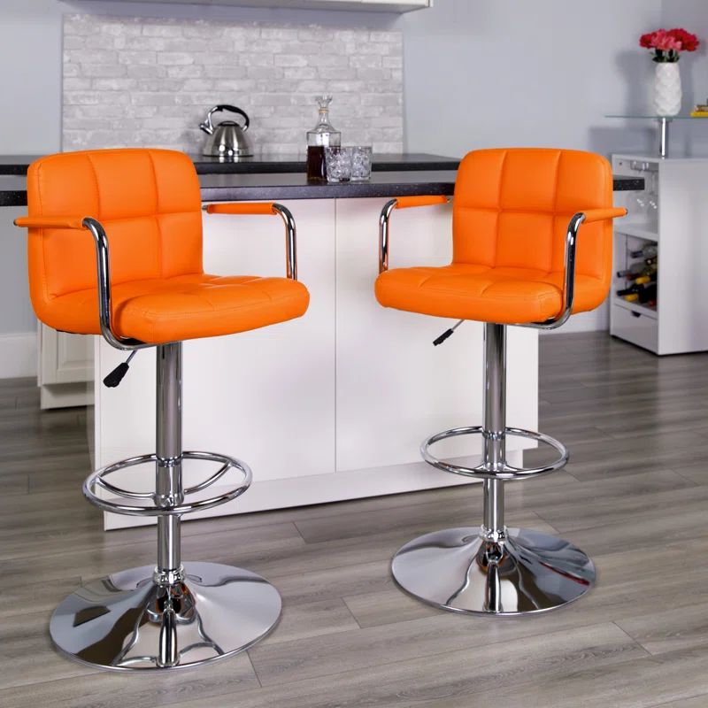 Contemporary Orange Quilted Vinyl Adjustable Swivel Barstool with Chrome Base