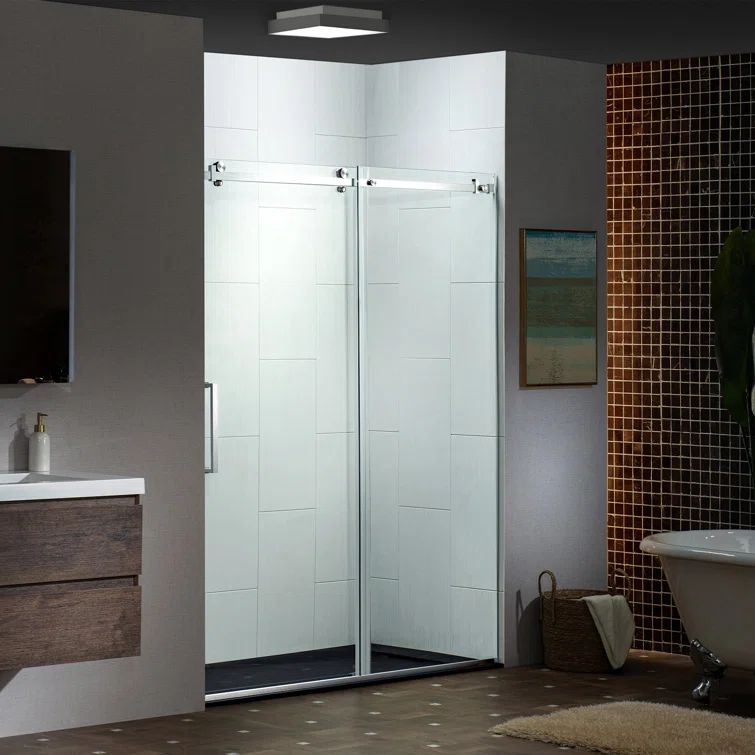 Polished Chrome Frameless Sliding Shower Door with Clear Tempered Glass, 56-60" W x 76" H