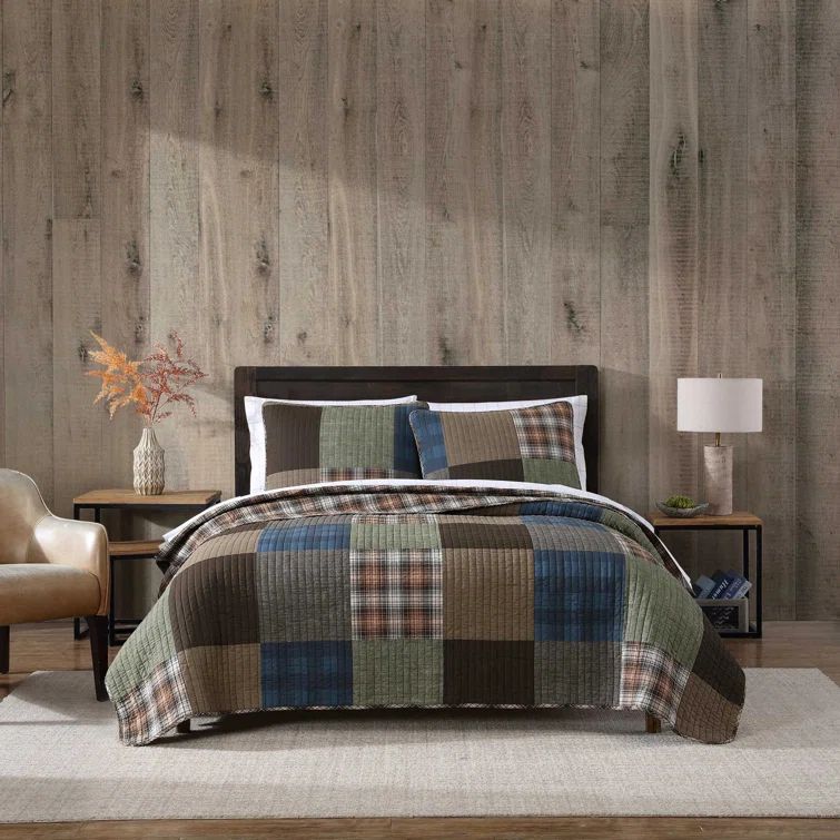 King Size Brown and Green Cotton Reversible Patchwork Quilt Set