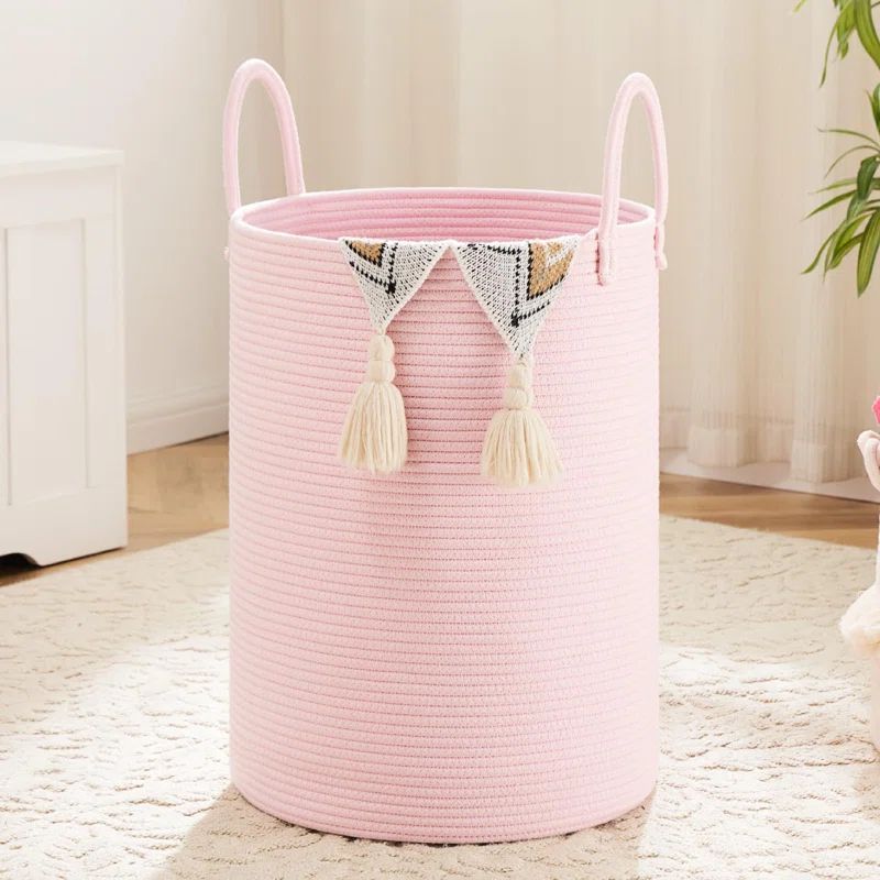 Pink Woven Cotton Rope Laundry Basket with Tassels, 60L