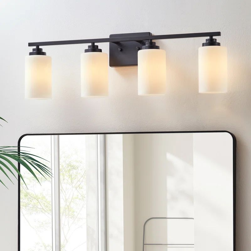 30 in. Black Steel 4-Light Dimmable Vanity Light with Frosted Glass Shades
