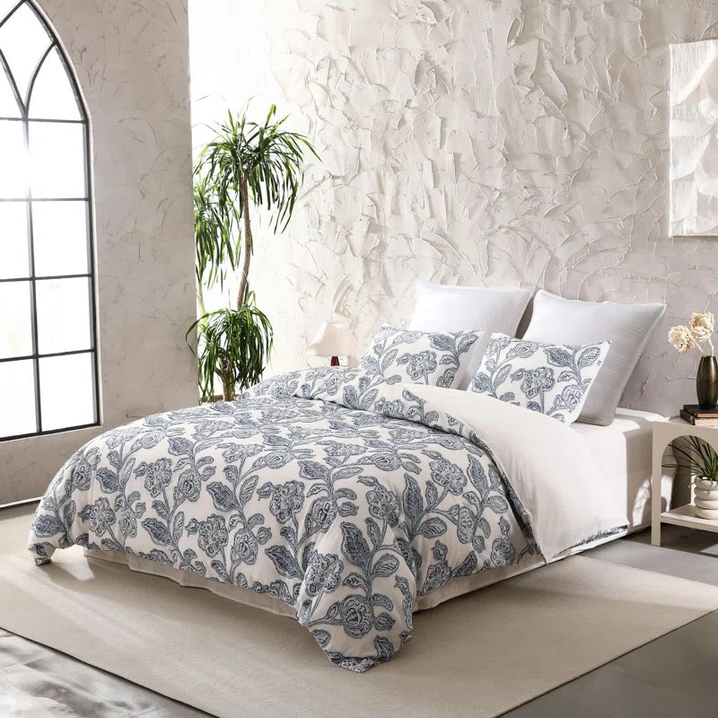 Blue Twin Cotton Jacquard Floral Duvet Cover Set