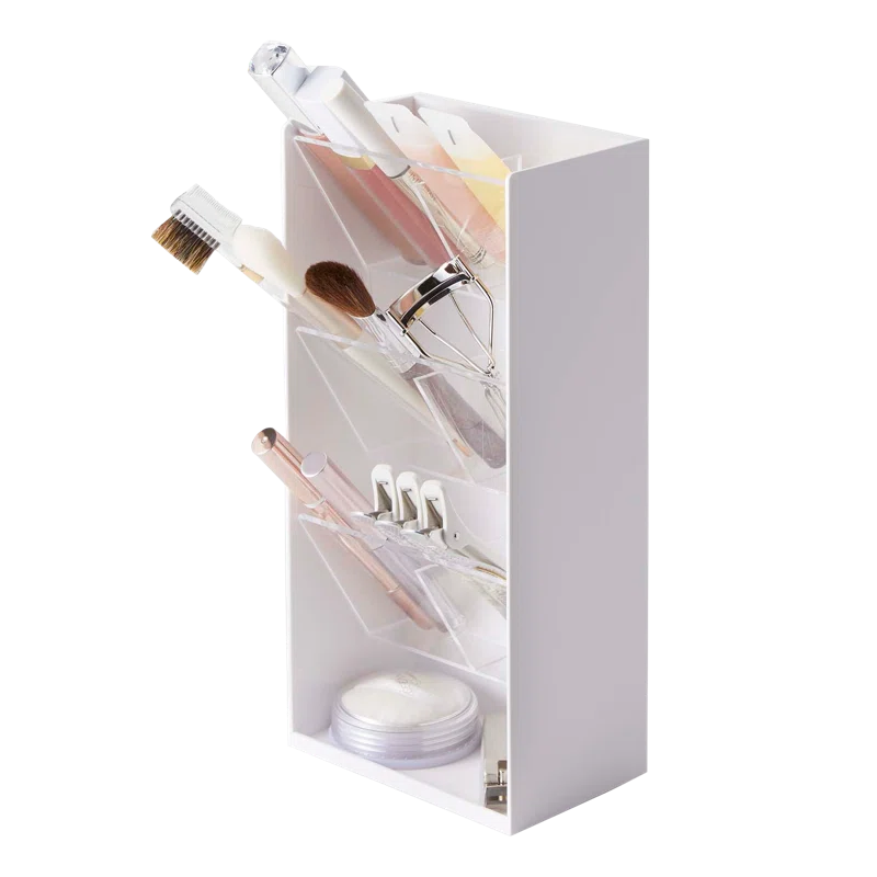 White Angled Adjustable Makeup Organizer with Transparent Trays
