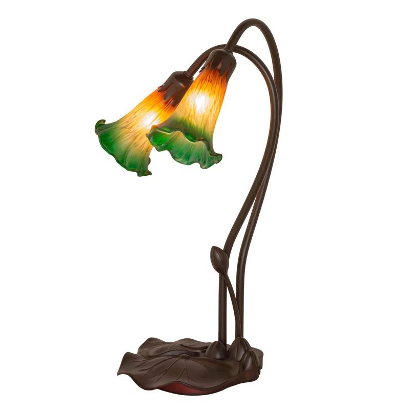 Amber and Green Glass 2-Light Bronze Lily Accent Lamp