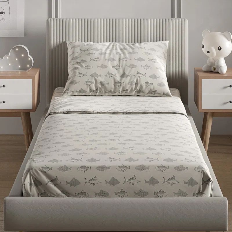 Twin Gray Fish Print Microfiber Deep Pocket Sheet Set