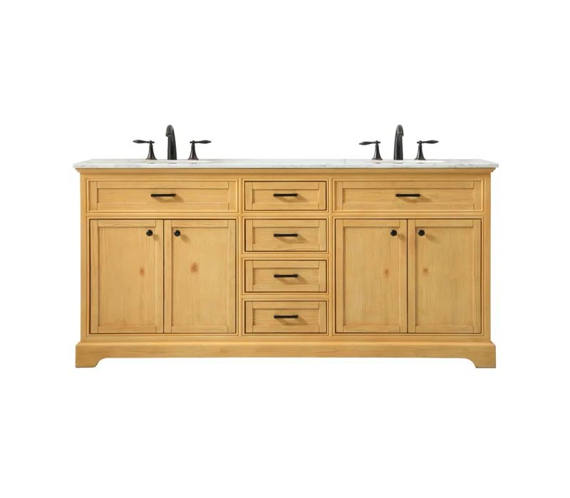 Natural Wood Double Bathroom Vanity with Carrara Marble Top
