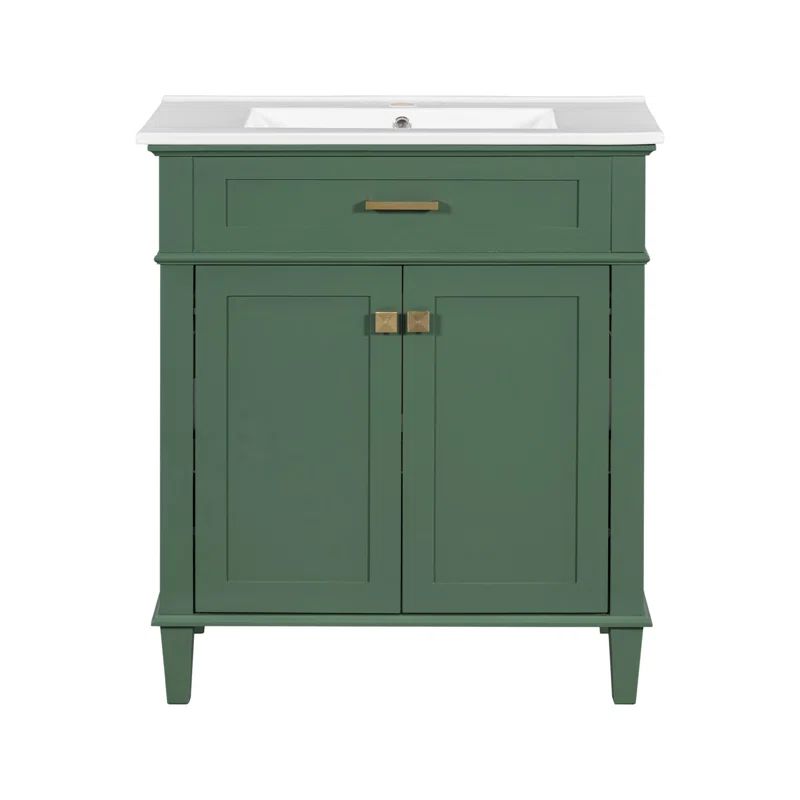 Green 30-Inch Solid Wood Bathroom Vanity with Ceramic Basin