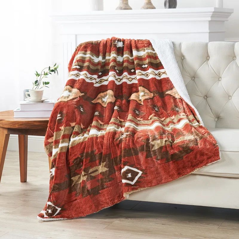 Brick Red Southwest Faux Fur Sherpa Throw Blanket
