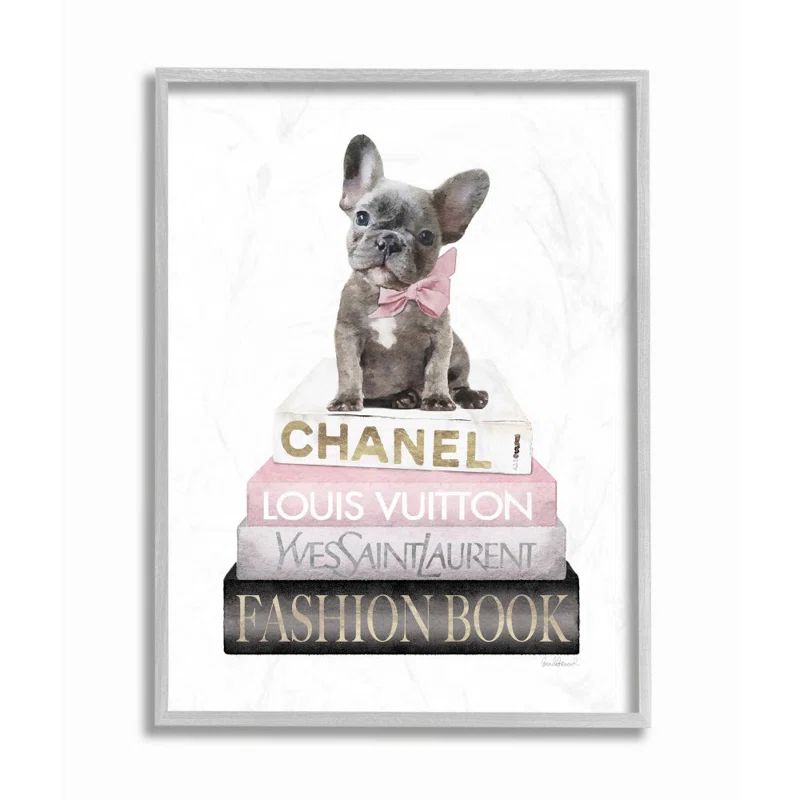 Gray Framed French Bulldog on Fashion Books Canvas Print