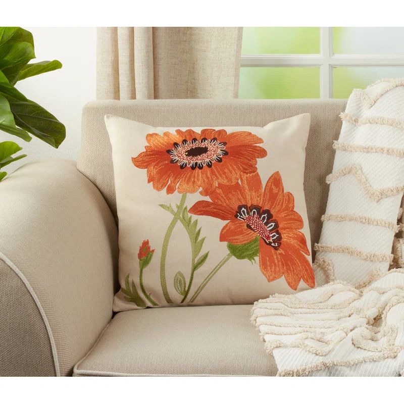 18" Square Orange Cotton Linen Embroidered Flower Throw Pillow