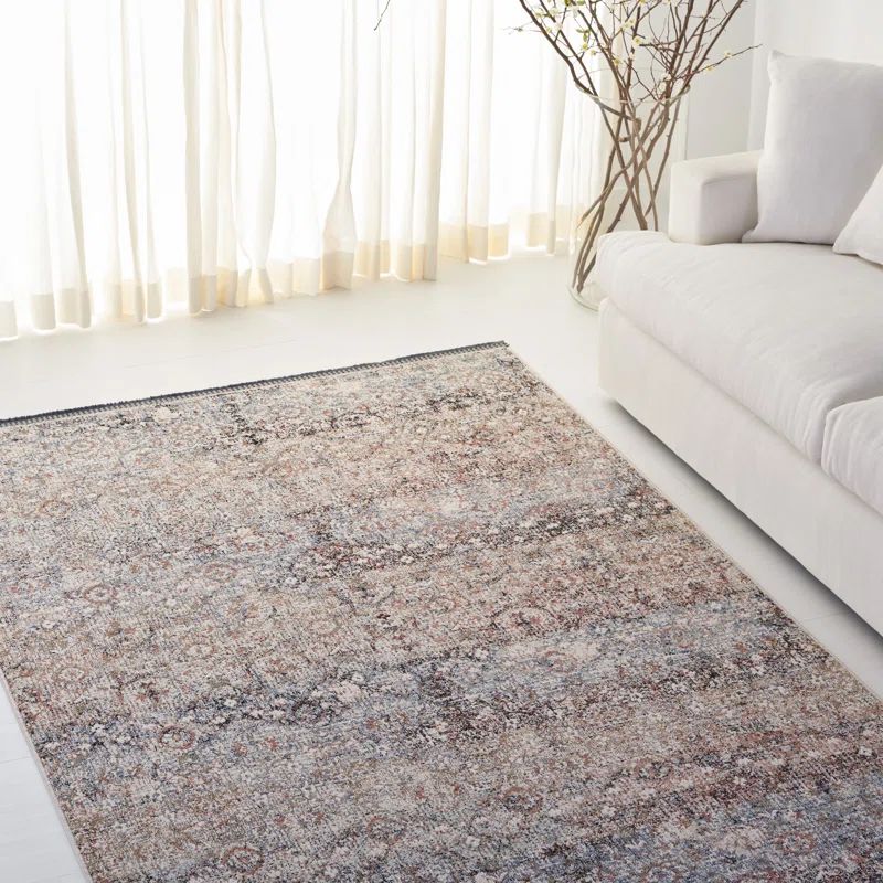 Ivory and Navy Hand-Knotted Wool Rectangular Rug