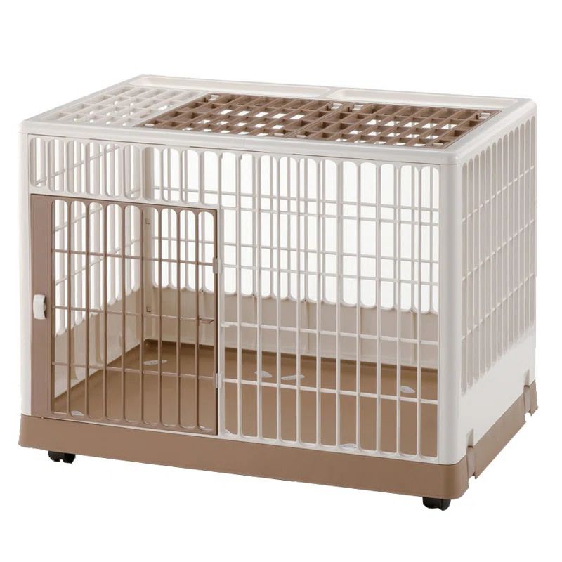Medium Off-White and Brown Plastic Rolling Pet Crate