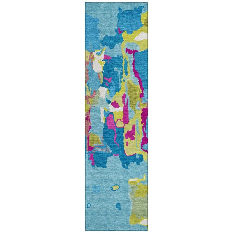 Aqua Abstract Washable Flat Woven Runner Rug