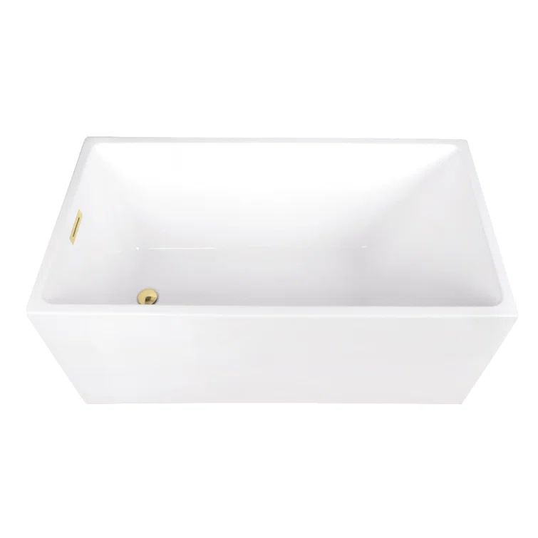 51-Inch White Acrylic Rectangular Freestanding Tub with Polished Brass Drain