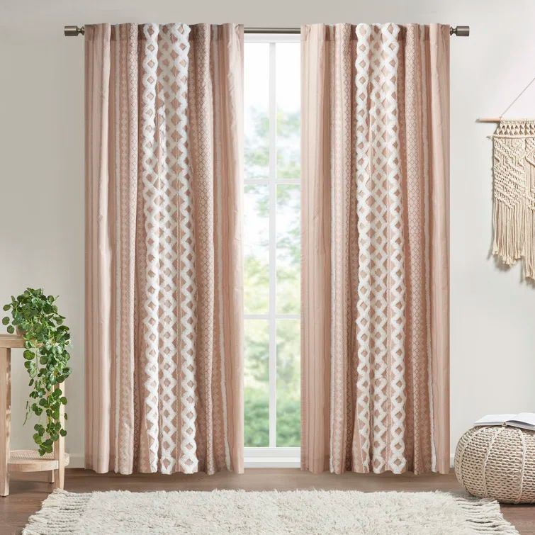 Blush Cotton Light-Filtering Window Curtain with Chenille Stripe, 50" x 84"