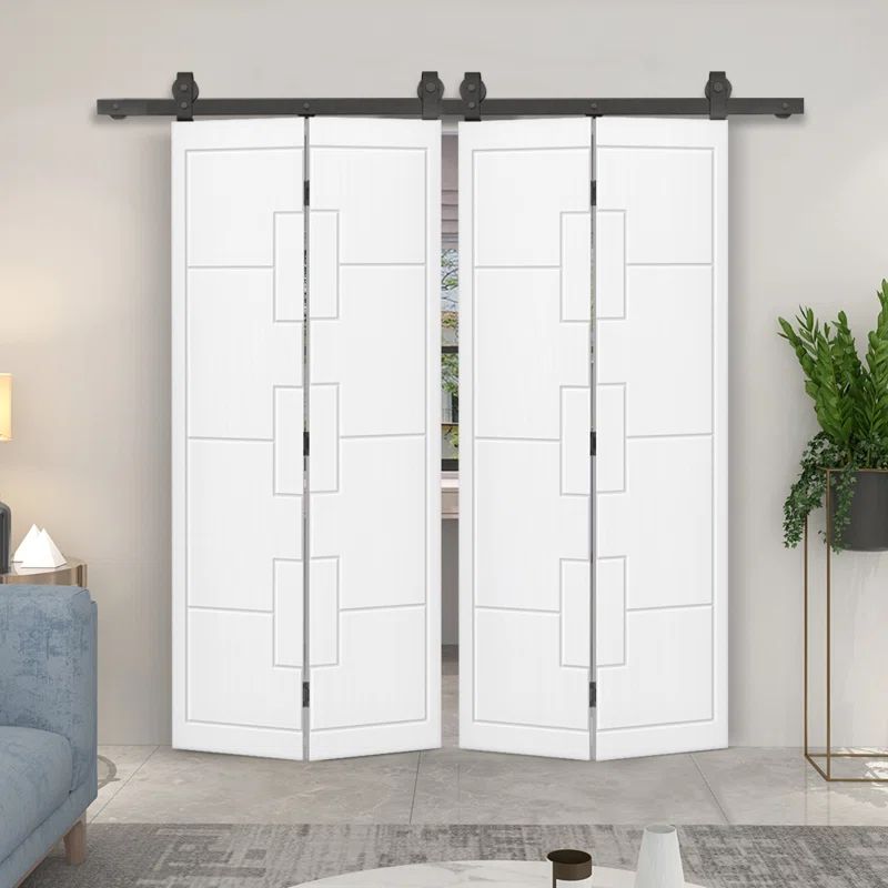 Modern White MDF Double Bi-Fold Barn Door with Black Hardware