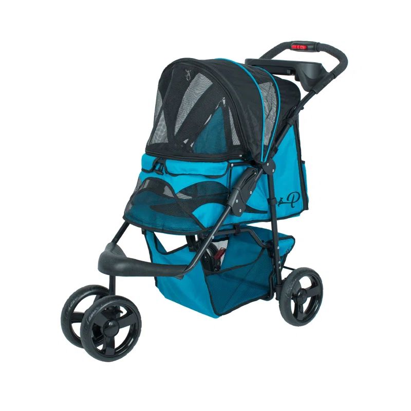 Teal Foldable Pet Stroller with Mesh Canopy
