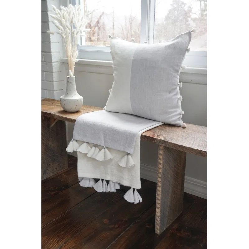 Light Gray and White Linen Tassel Throw Pillow