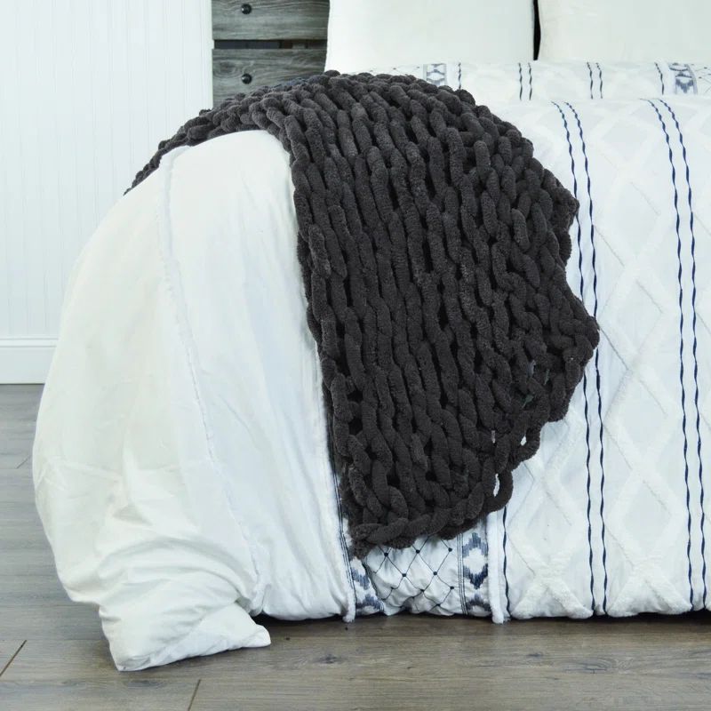 Charcoal Gray Knitted Chenille Throw Blanket, 50" x 40"