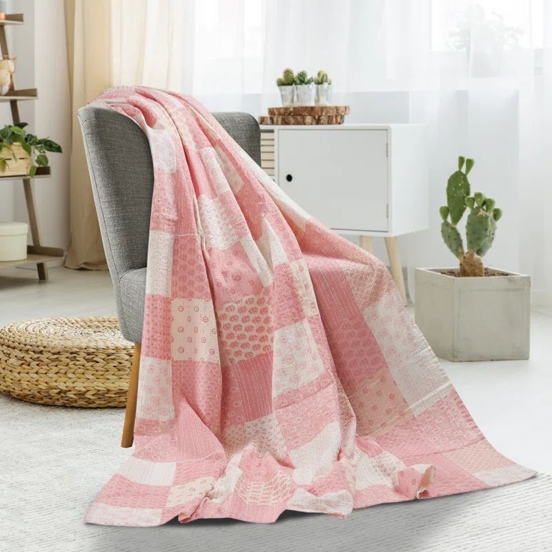 Light Pink Cotton Patchwork Kantha Throw Blanket, 50" x 70"