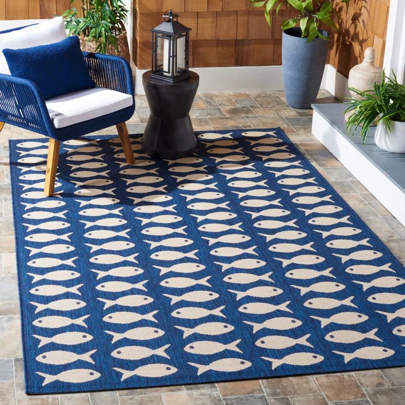 Navy and Beige Square Synthetic Indoor/Outdoor Area Rug, 6'7" x 9'6"