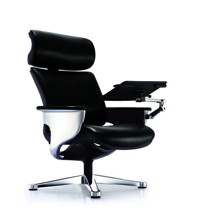 Luxurious Black Leather Swivel Executive Chair with Ottoman