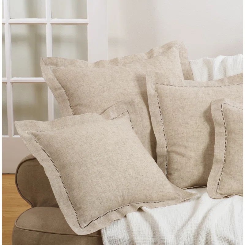 Natural Hemstitch Down Filled Square Throw Pillow