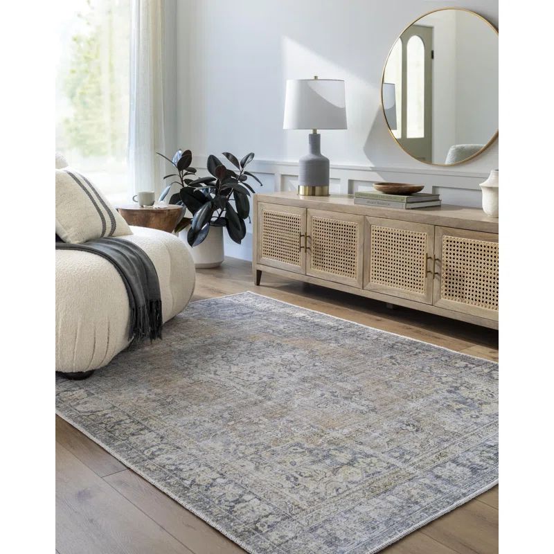 Medium Gray Synthetic Rectangular Washable Area Rug