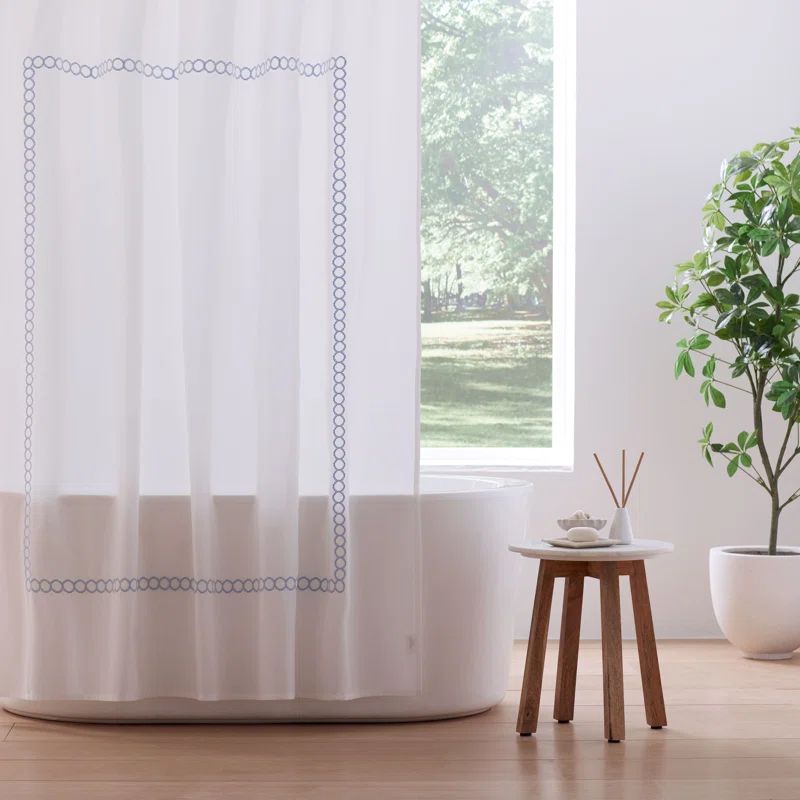 White and Blue Cotton Sateen Shower Curtain with Geometric Embroidery