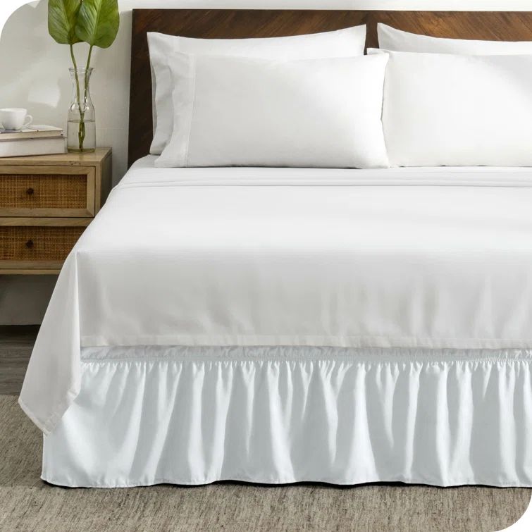 Queen White Adjustable Wrap Around Ruffled Polyester Bed Skirt