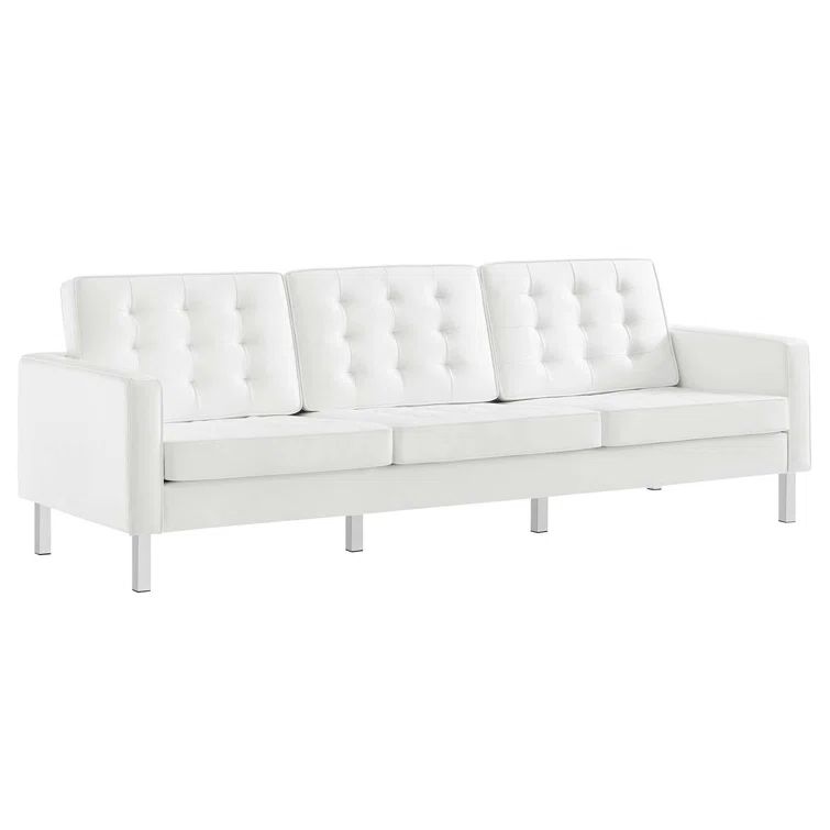 Silver White Tufted Faux Leather Sofa with Metal Legs