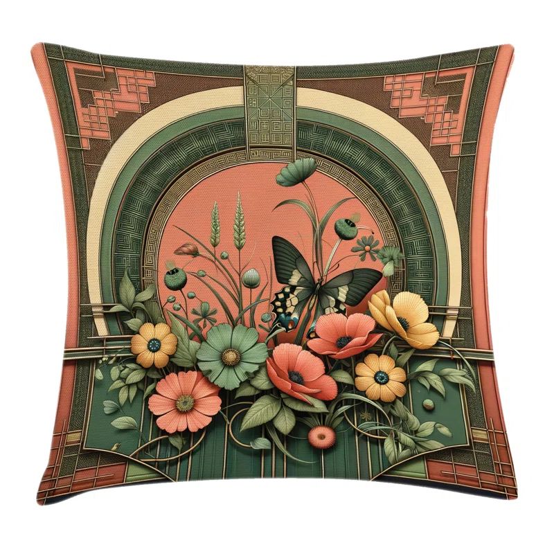 Dark Salmon and Laurel Green Floral Polyester Square Pillow Cover