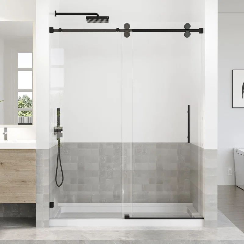 Matte Black Frameless Sliding Shower Door with Clear Tempered Glass