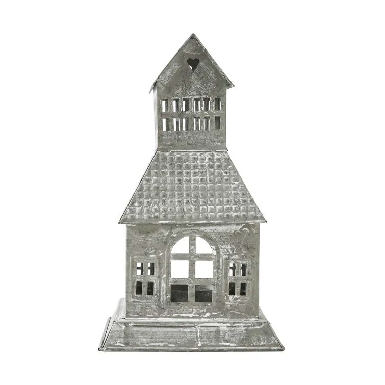 Antique Grey Metal Village House Tealight Holder 9.5x5.5