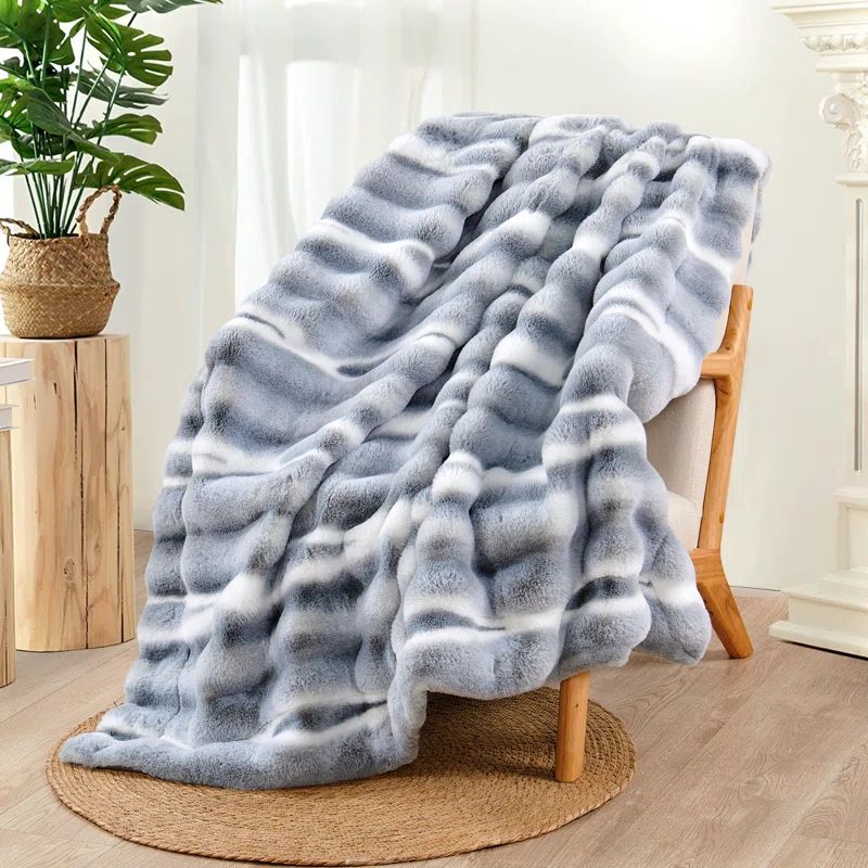 Luxurious Blue and White Faux Fur Reversible Throw Blanket